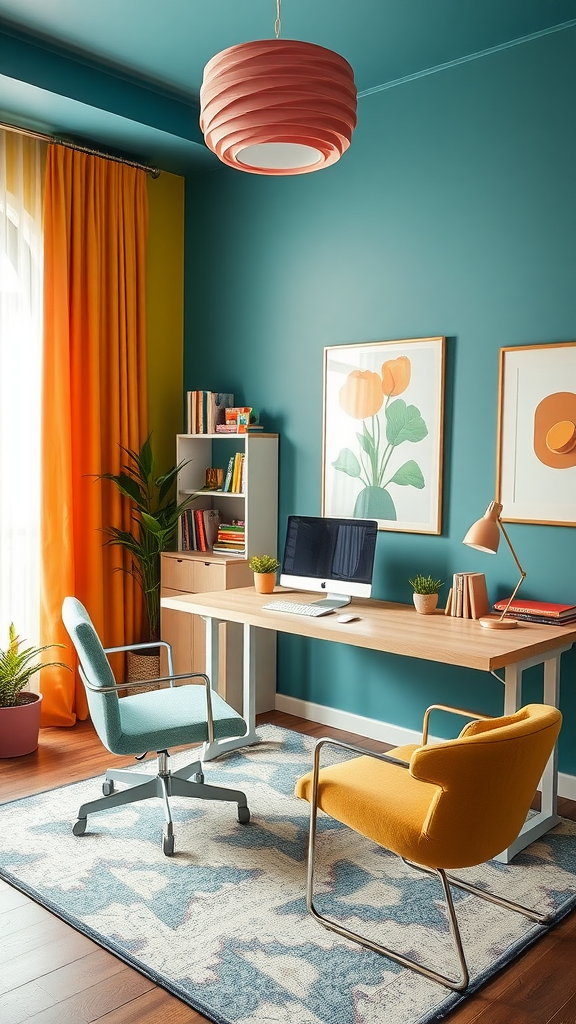 A vibrant workspace featuring teal walls, orange curtains, and colorful furniture.