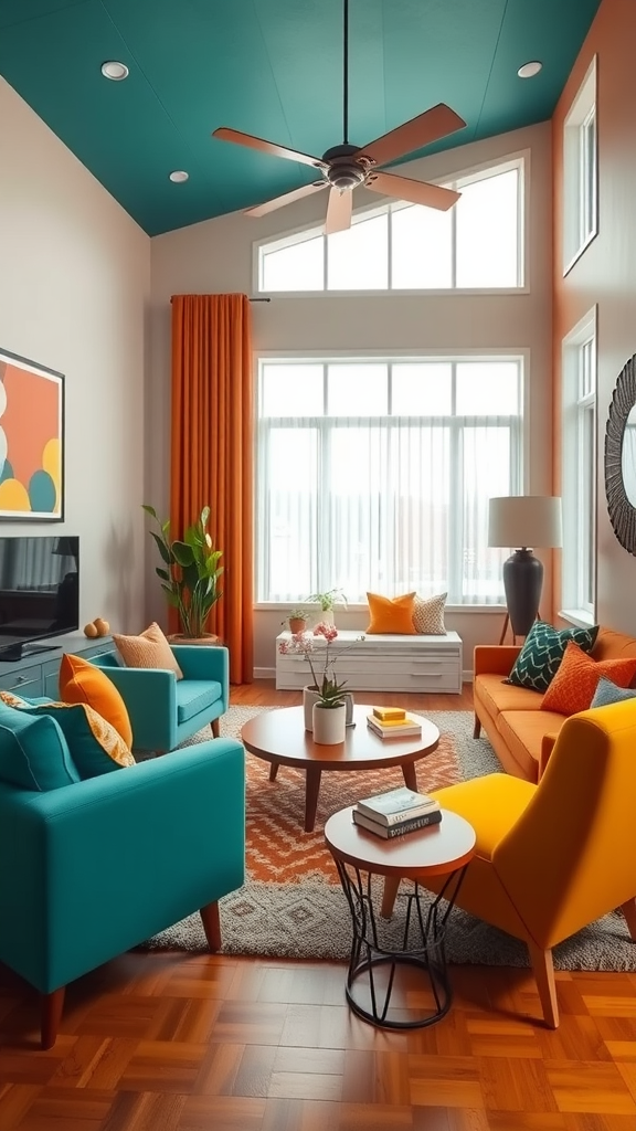 A vibrant living room featuring bold color palettes with teal, orange, and green furniture.