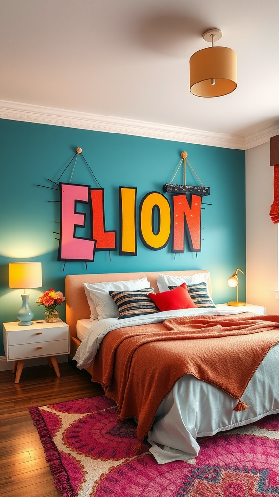 A vibrant bedroom featuring teal walls, bold wall art, and colorful bedding.