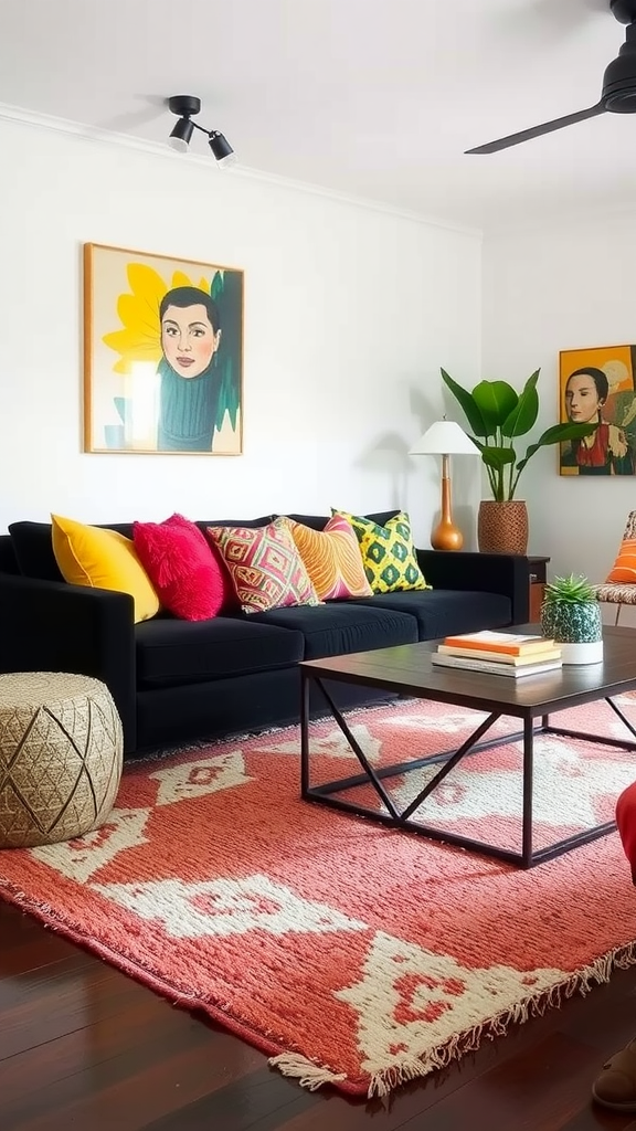 A stylish living room featuring a black sofa with colorful cushions, a patterned rug, and artwork on the walls.