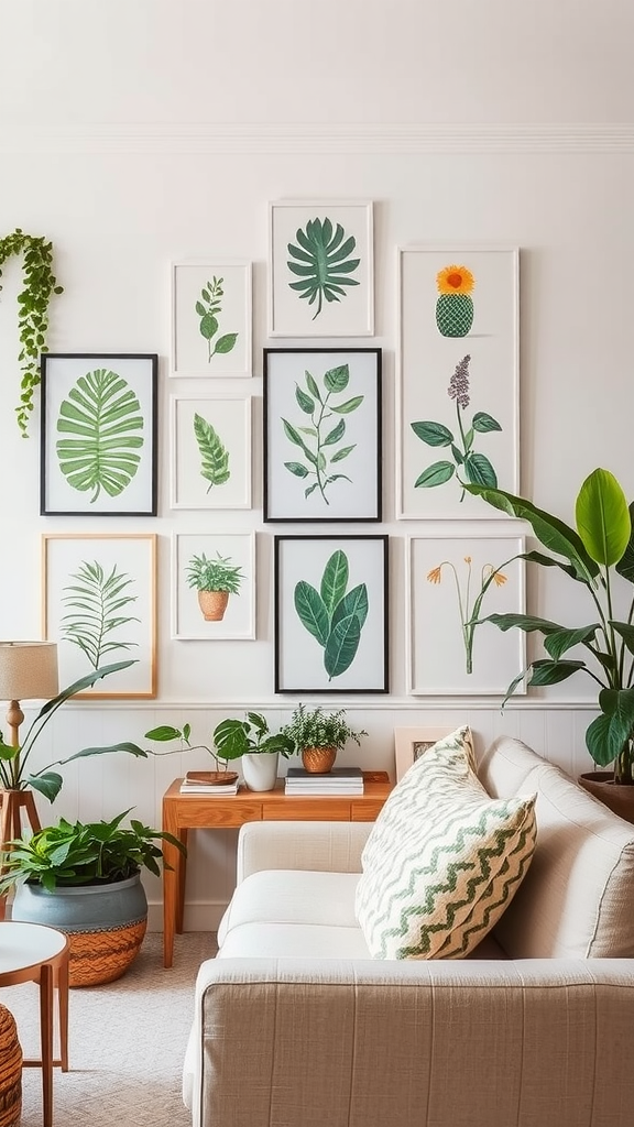 A cozy living room featuring botanical wall art with green leaves and flowers, alongside potted plants and a comfortable sofa.