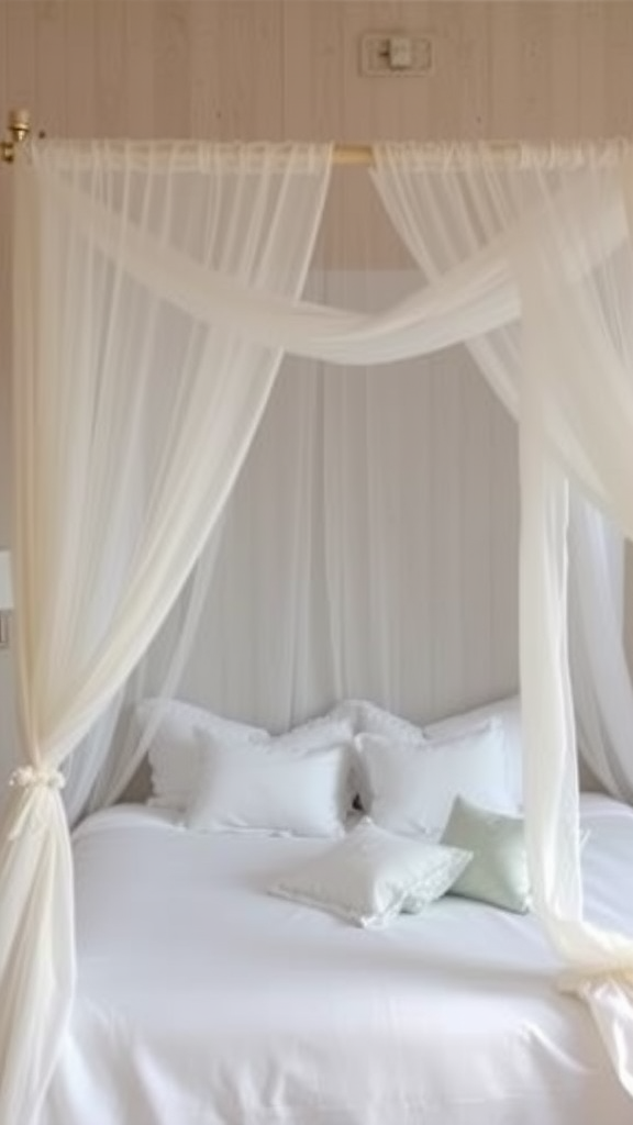 Breezy canopy bed with white drapes and soft pillows