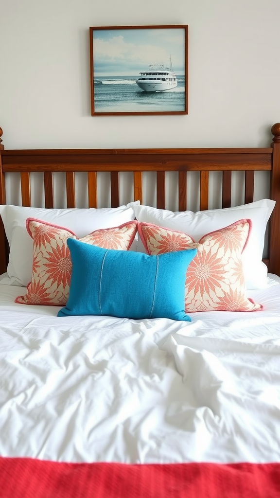 A cozy bed with bright accented pillows in a coastal cottage bedroom.