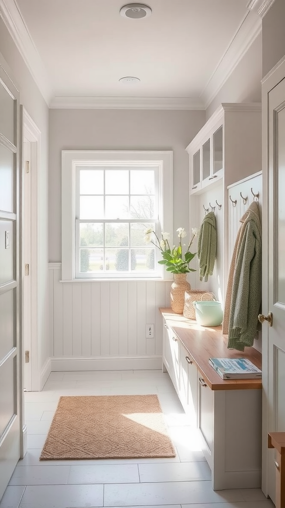 A bright and airy hallway with soft gray walls, a wooden bench, and natural light from a window.