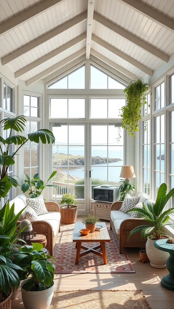 A bright and airy sunroom with large windows, plants, and cozy seating.