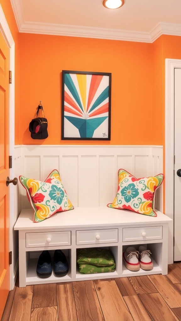 A bright bench with colorful cushions in an orange room.