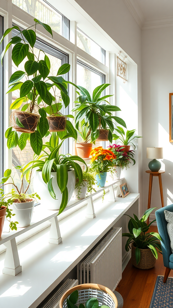 Bright window sills with various potted plants and greenery.