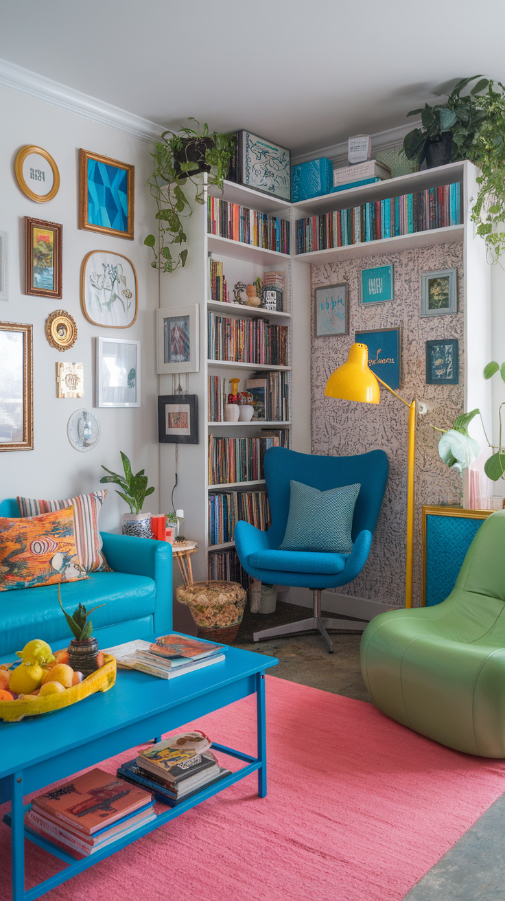 A vibrant living room featuring blue furniture, a yellow lamp, and a pink rug.