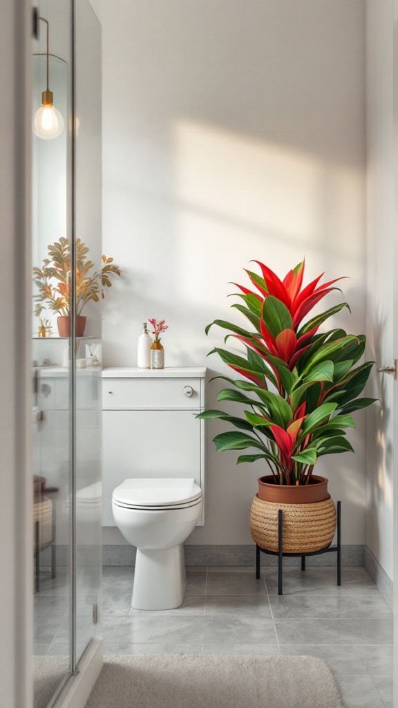 A vibrant Bromeliad plant in a stylish pot, placed in a modern bathroom setting.