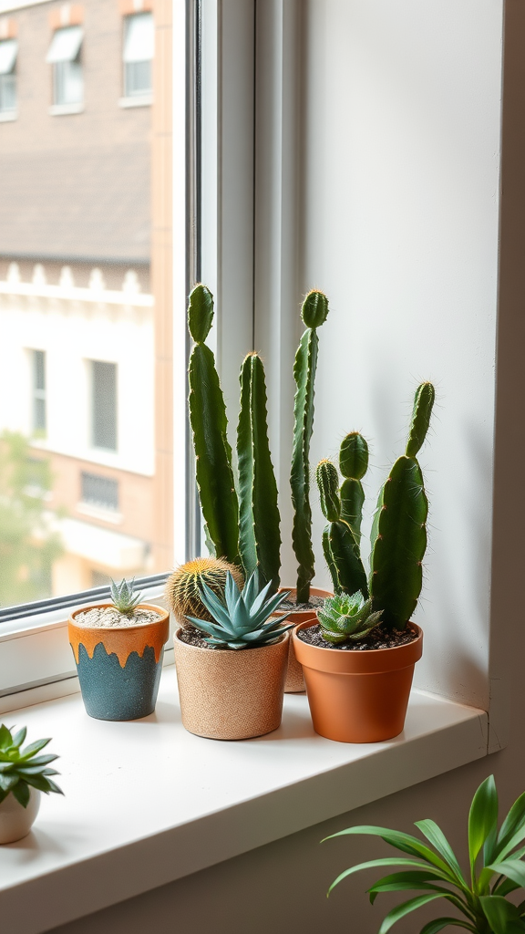 A variety of cacti and succulents displayed on a windowsill.