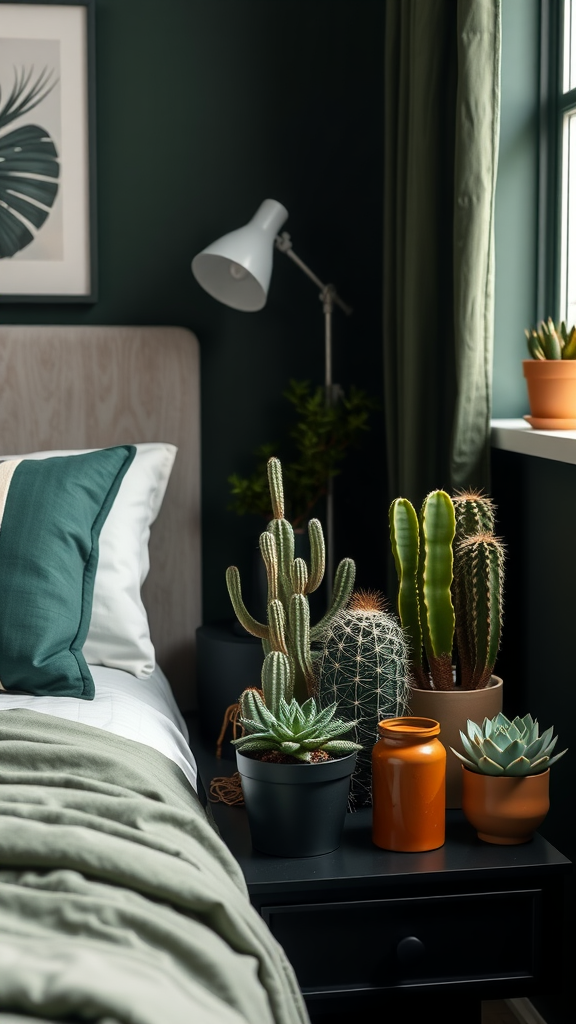 A cozy bedroom scene featuring various cacti and succulents on a nightstand.