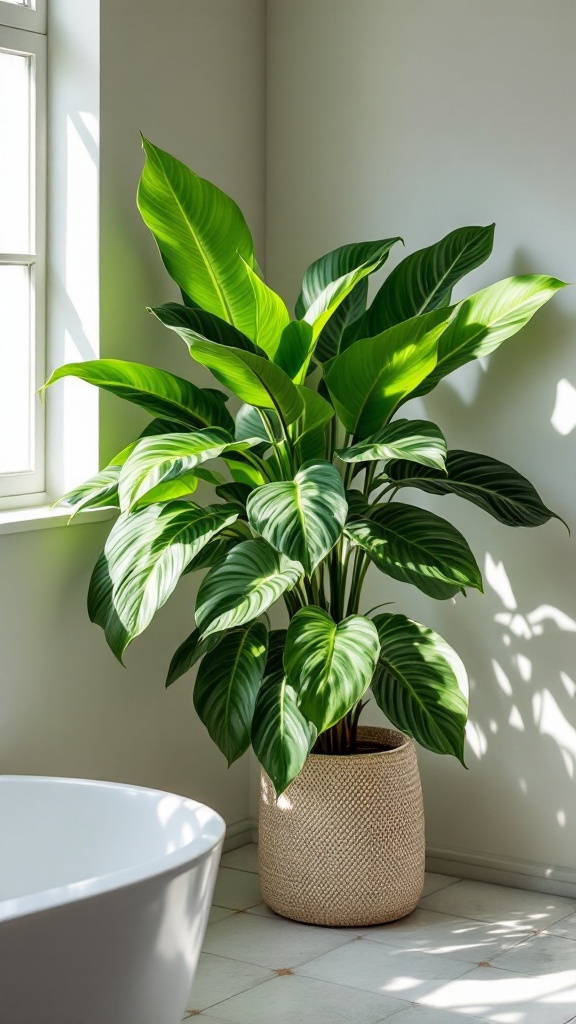 A Calathea plant with striking leaf patterns placed next to a bathtub in a bright bathroom.