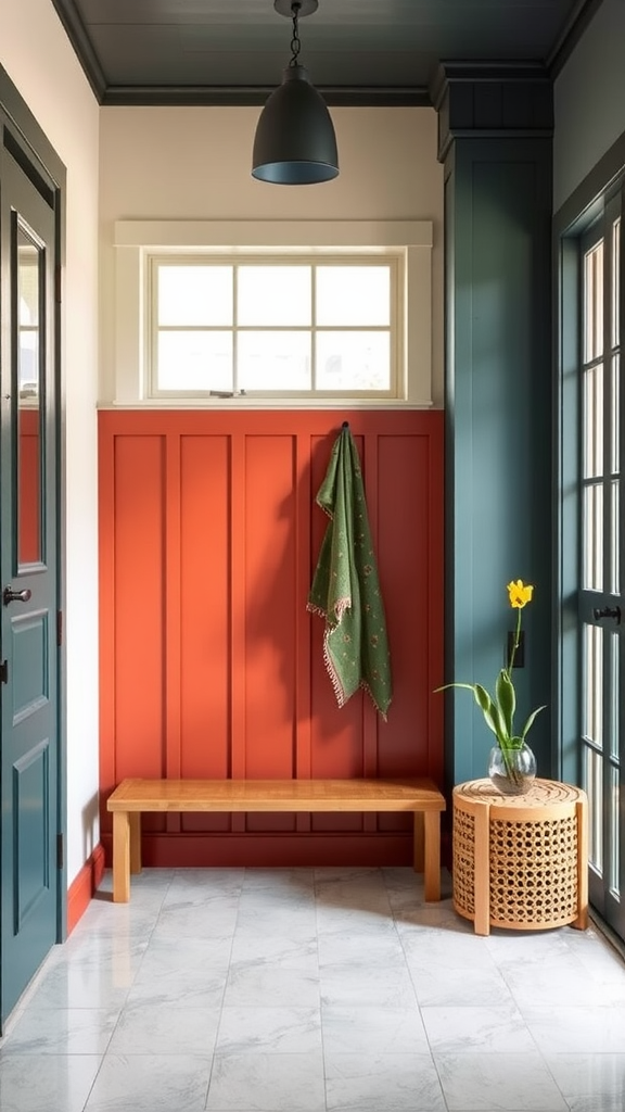 A cozy entryway featuring an orange wall, blue accents, a wooden bench, and a flower vase.