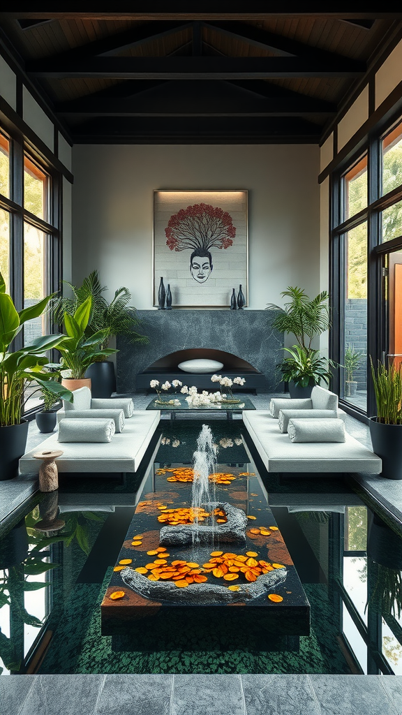 A serene indoor water feature with a fountain, surrounded by seating and plants.