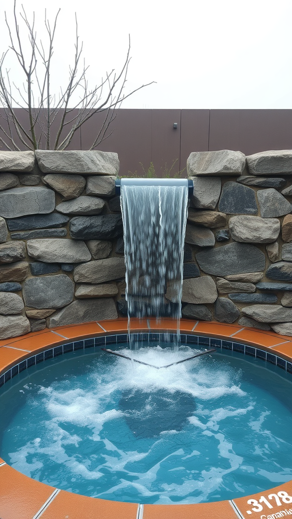 A small pool with a waterfall flowing into a hot tub, surrounded by stone walls.