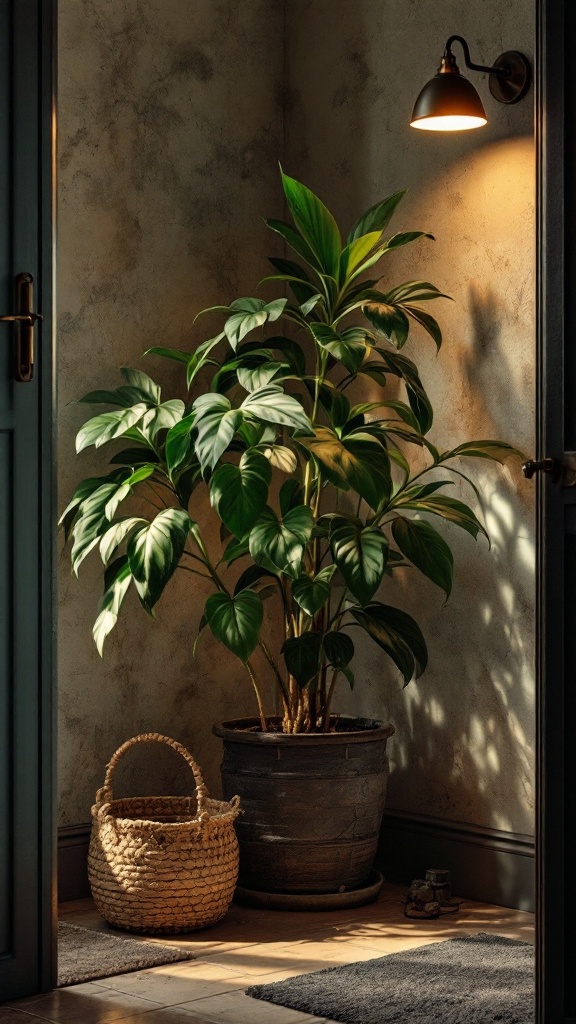 A Cast Iron Plant in a stylish pot, positioned in a low-light corner with a cozy ambiance.