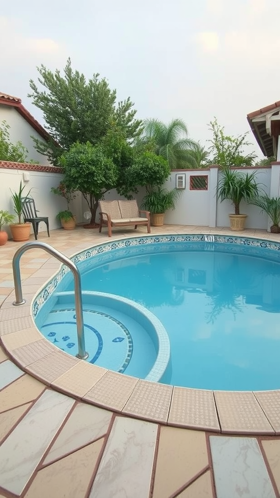 A small elevated pool surrounded by greenery and a seating area.