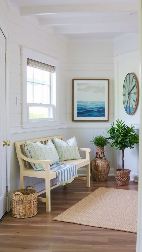 A charming entryway featuring a wooden bench with cushions, plants, and artwork.