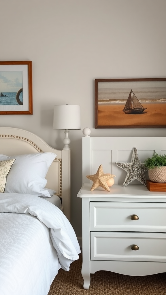 Coastal cottage bedroom featuring a white nightstand adorned with starfish and greenery.