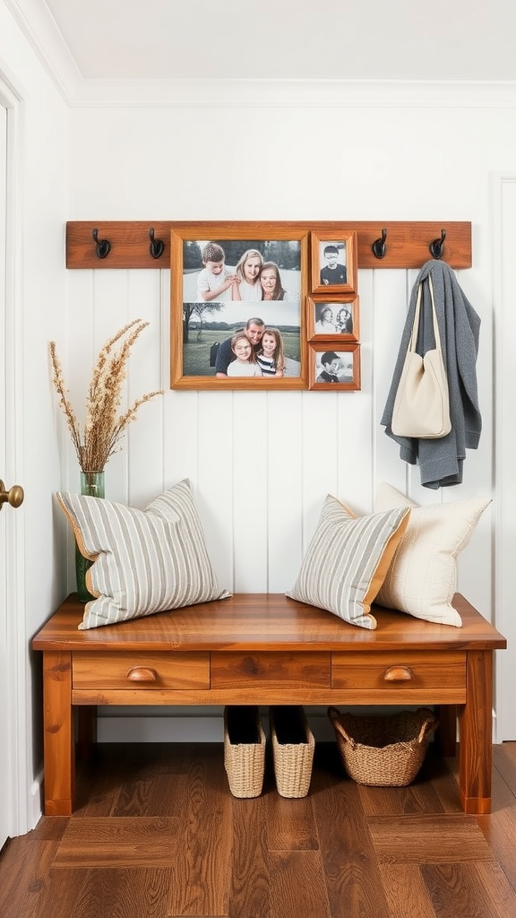 A rustic wooden bench with striped pillows, a wall-mounted photo frame, and hooks for bags.