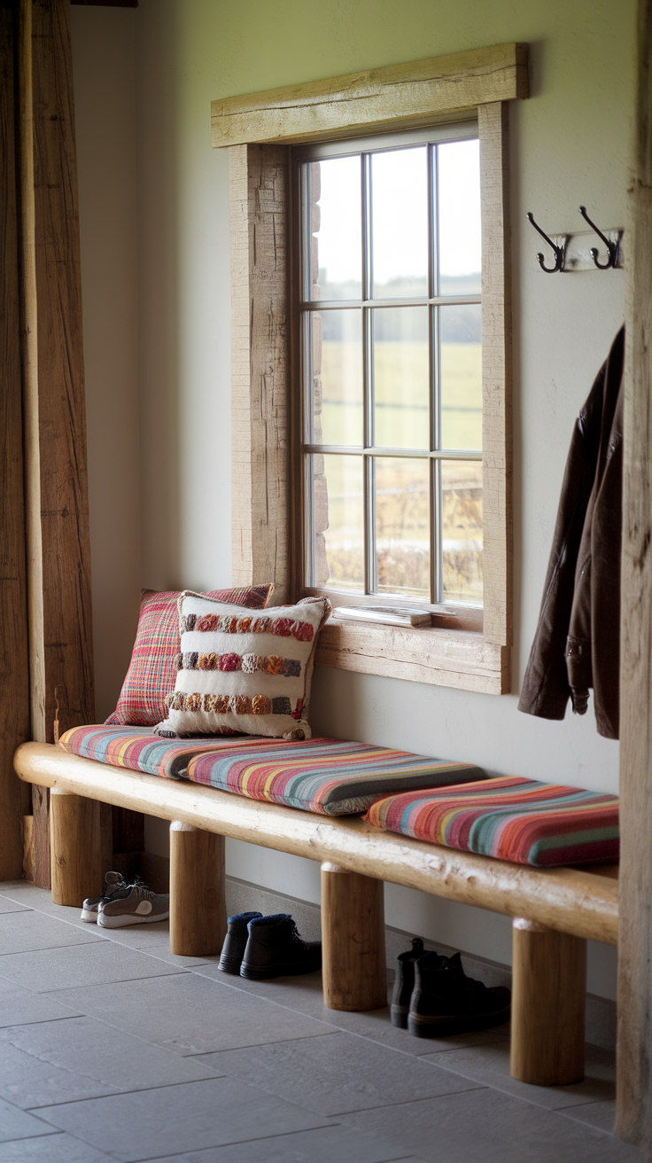 Rustic wooden bench with colorful cushions, beside a window