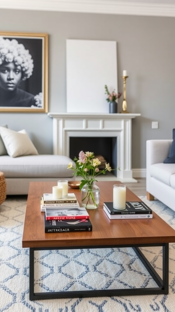 A stylish coffee table arrangement featuring books, candles, and a vase of flowers.