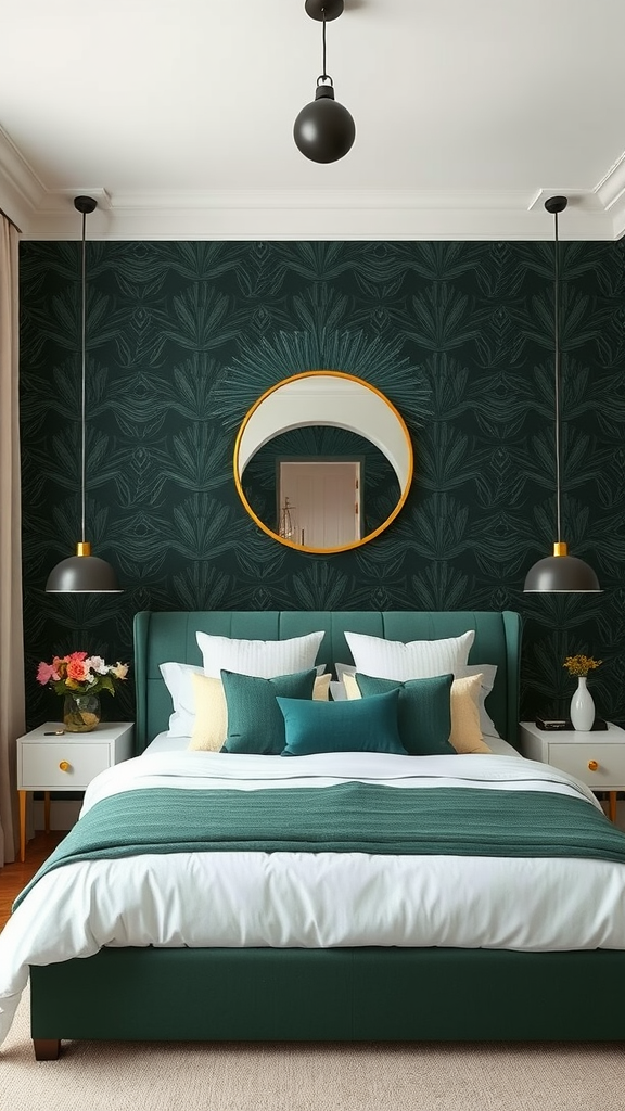 Stylish bedroom featuring green wallpaper and elegant decor.