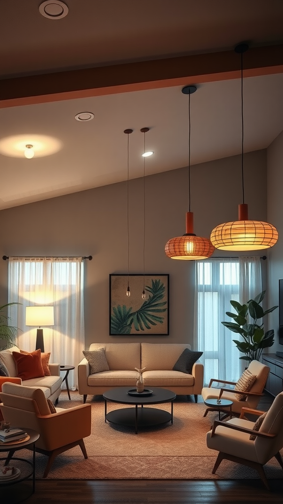 A cozy living room with stylish pendant lamps and comfortable furniture.