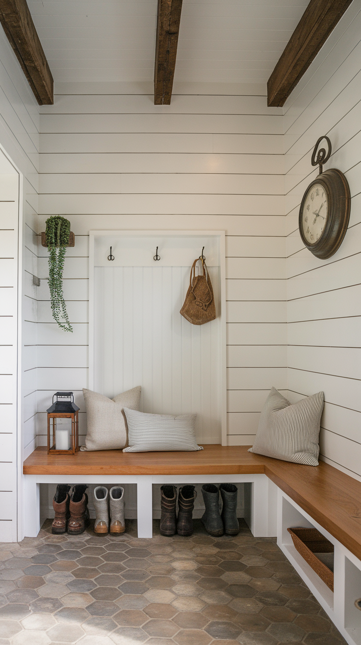 A stylish entryway featuring shiplap walls, wooden benches, and organized footwear.