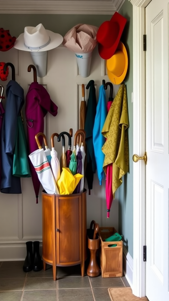 Stylish umbrella stand with various umbrellas and hats arranged neatly by the door.