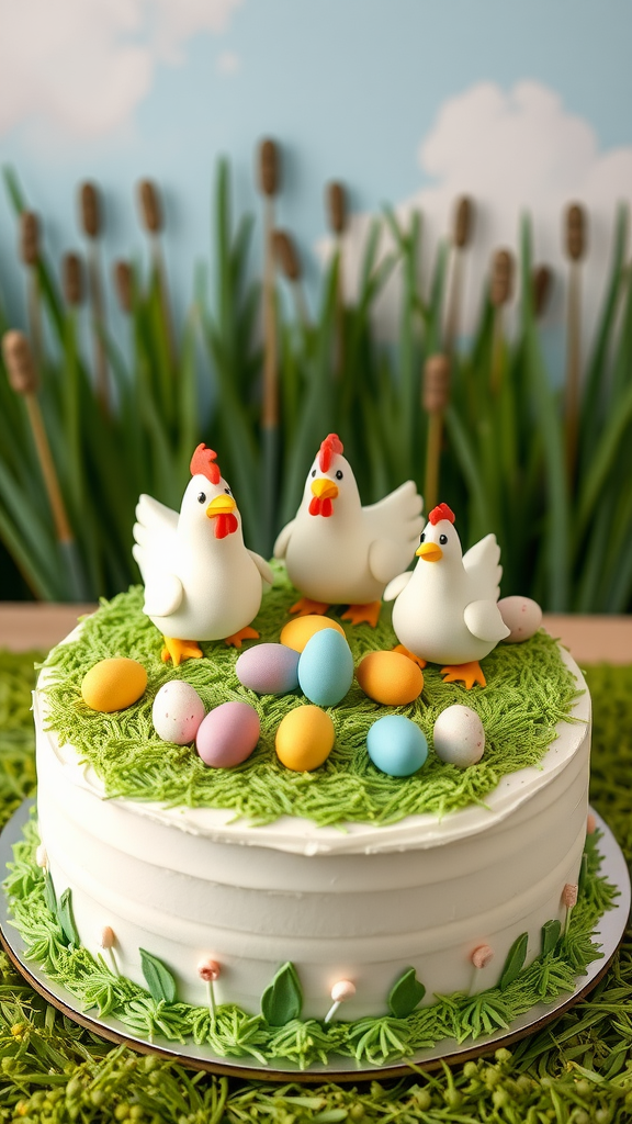 A festive cake decorated with three colorful chickens and various pastel eggs on a grassy top.