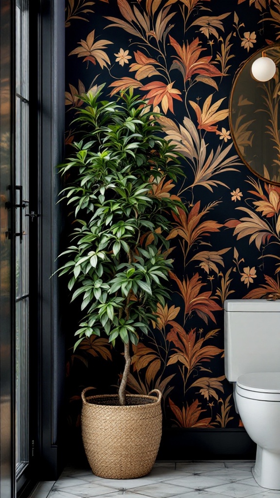 A Chinese Evergreen plant in a stylish bathroom setting