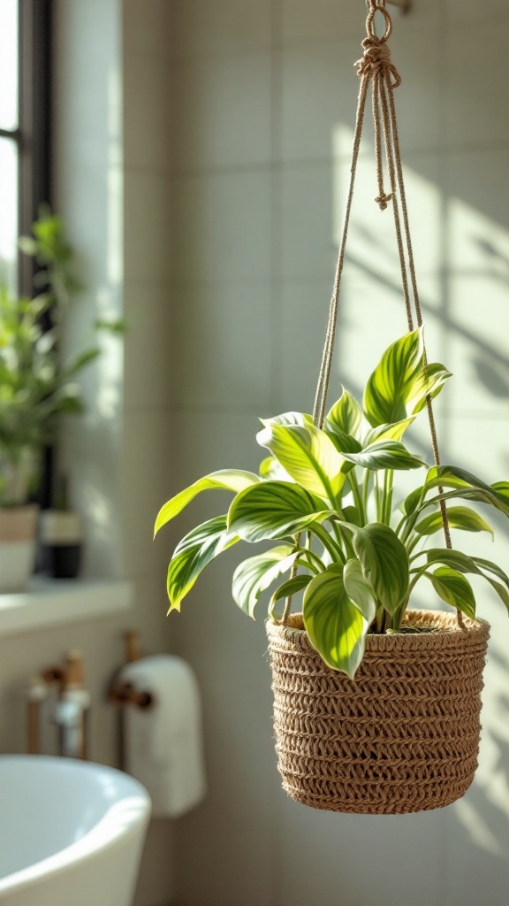 A hanging spider plant in a bathroom, showcasing lush green leaves in a stylish woven basket.