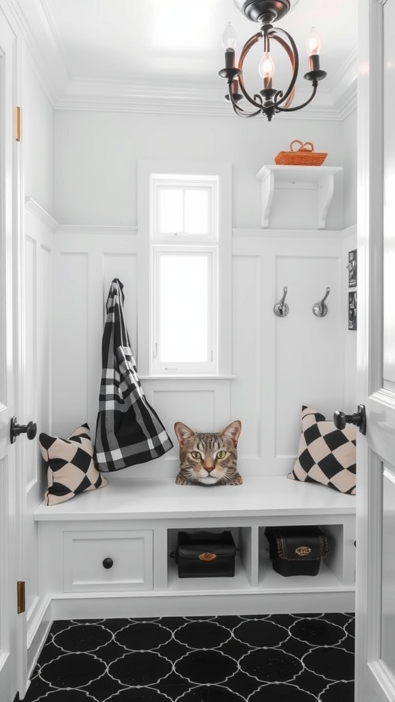 A stylish entryway with black and white decor featuring a cat's head on a bench