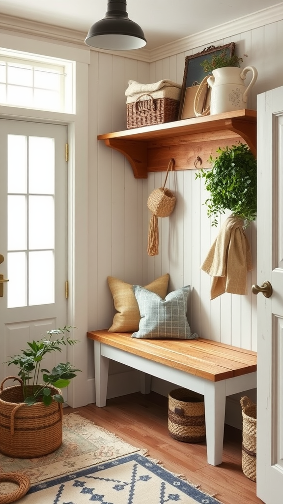 A cozy farmhouse entryway with a wooden bench, decorative pillows, and plants.