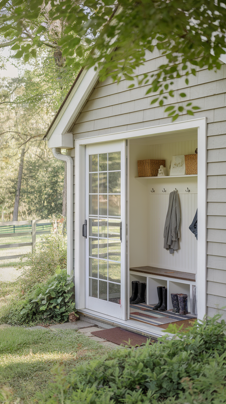 A classic farmhouse sliding door leading into a cozy entryway with hooks and boots.