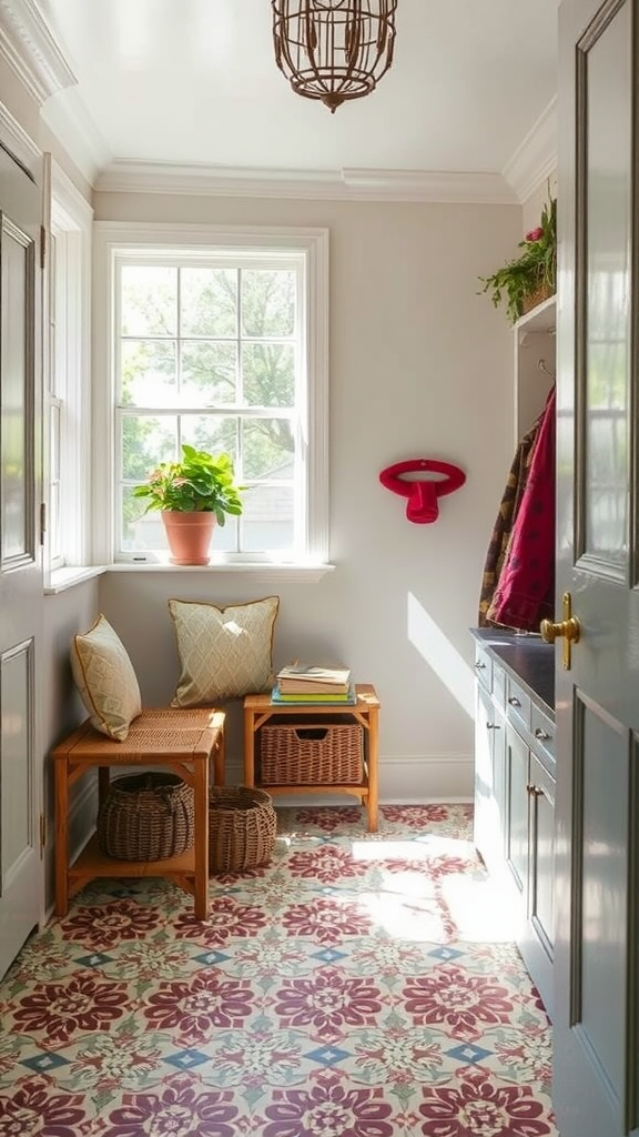 A bright entryway with floral patterned tile flooring, two chairs, a plant, and natural light.