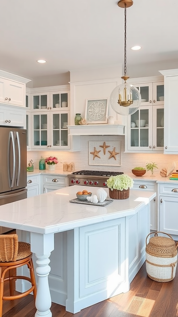 A bright, coastal-inspired kitchen featuring white cabinetry, a large island, and beach-themed decor.