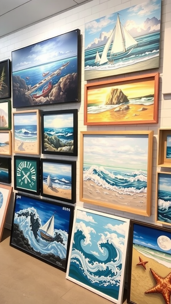 A wall displaying various coastal-themed paintings, featuring boats, waves, and beach scenes.