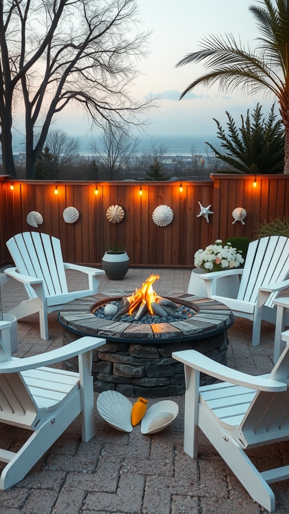 Coastal-themed fire pit with white chairs, stone circle, and ocean view