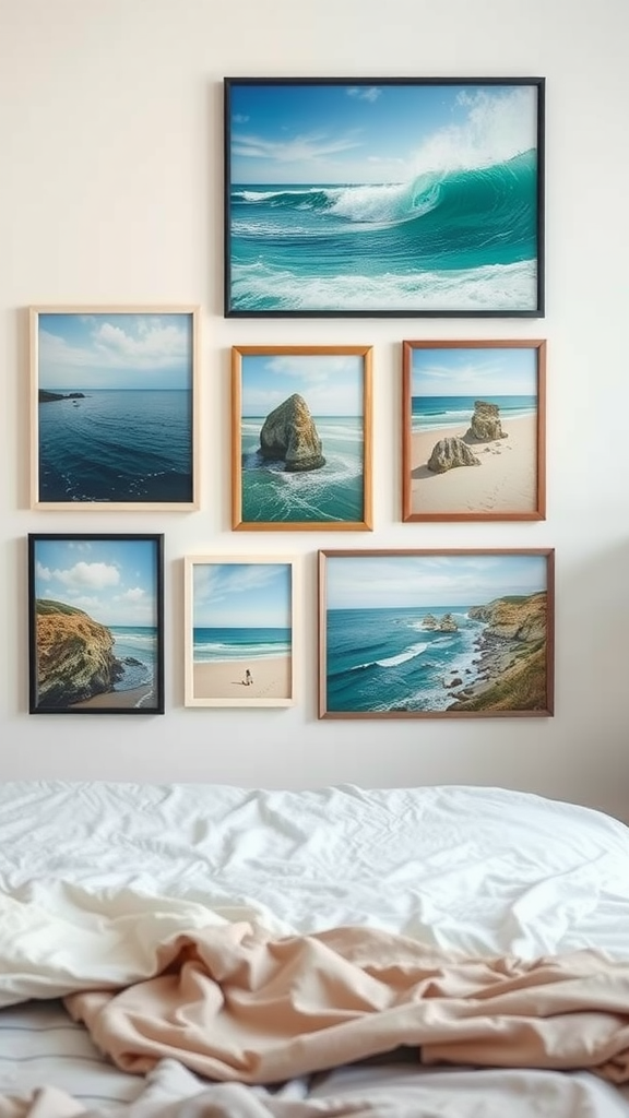 A cozy coastal bedroom featuring a display of beach-themed artwork on the wall.