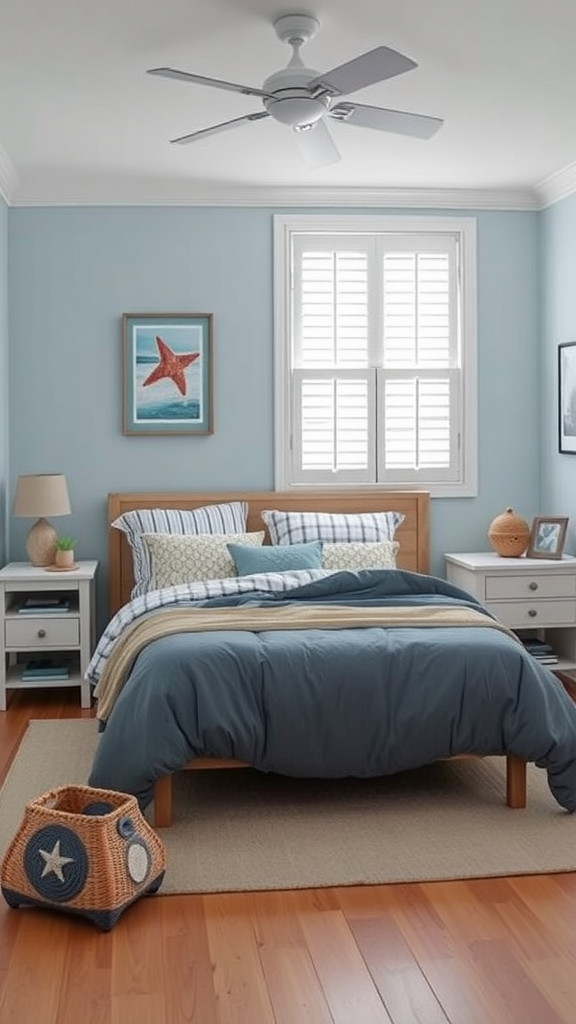 A cozy bedroom with blue walls, a wooden bed, and beach-themed decor.