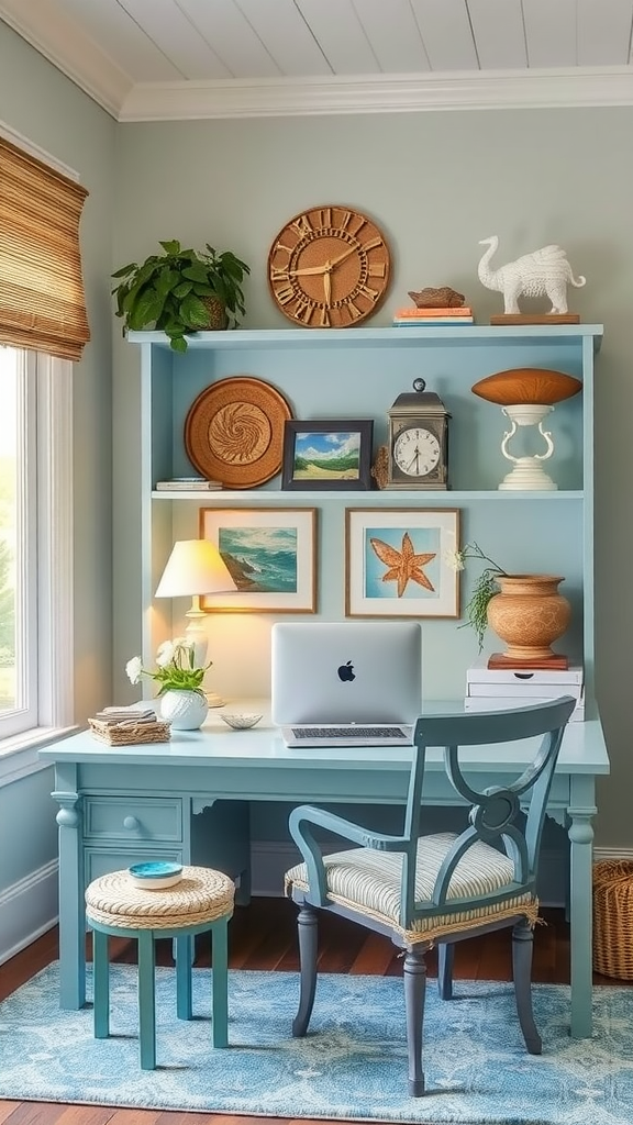 A cozy workspace featuring a light blue desk, sea-themed decor, and a laptop, evoking a coastal escape.