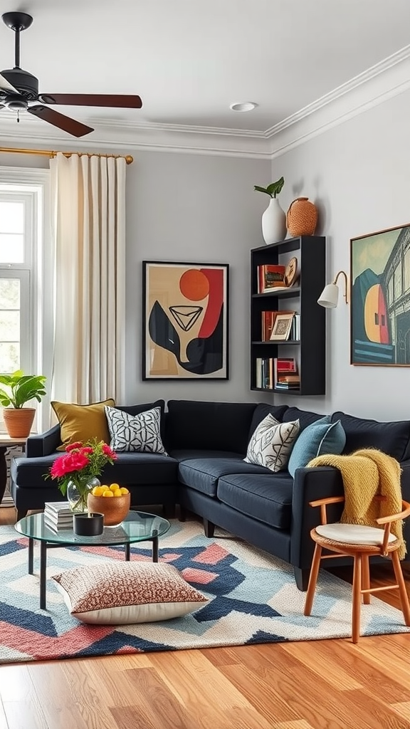 A cozy living room featuring a cohesive color palette with navy blue furniture, light wood flooring, and colorful cushions.