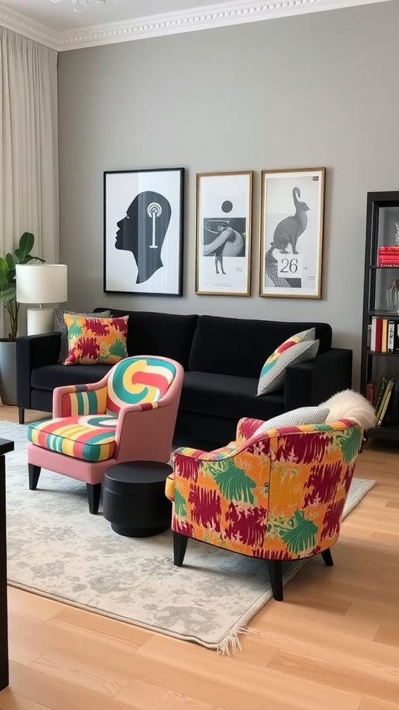 A cozy living room featuring vibrant accent chairs with various patterns and colors.