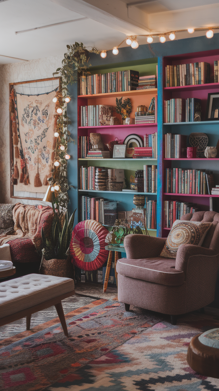 A cozy living area featuring colorful bookcases filled with books, plants, and decorative items.