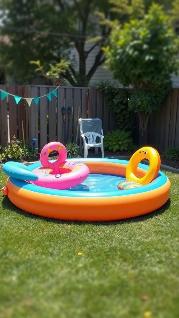 A colorful inflatable pool with pink and yellow floaties in a small yard.