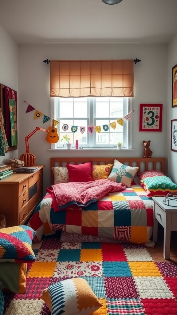 A vibrant bedroom featuring colorful patchwork textiles on the bed and floor.