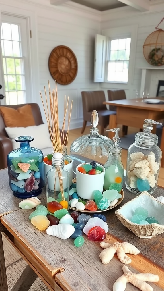 A variety of colorful sea glass pieces displayed in jars and bowls on a wooden table.