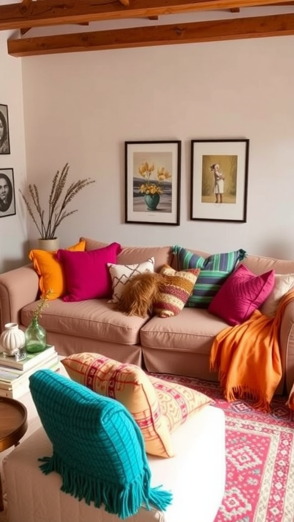 A cozy living room featuring colorful throw pillows and blankets on a beige sofa.